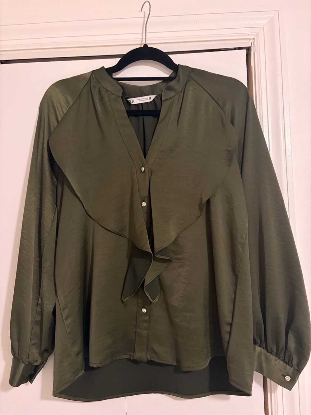 Zara Women's Olive Ruffle Front Button-Down Blouse